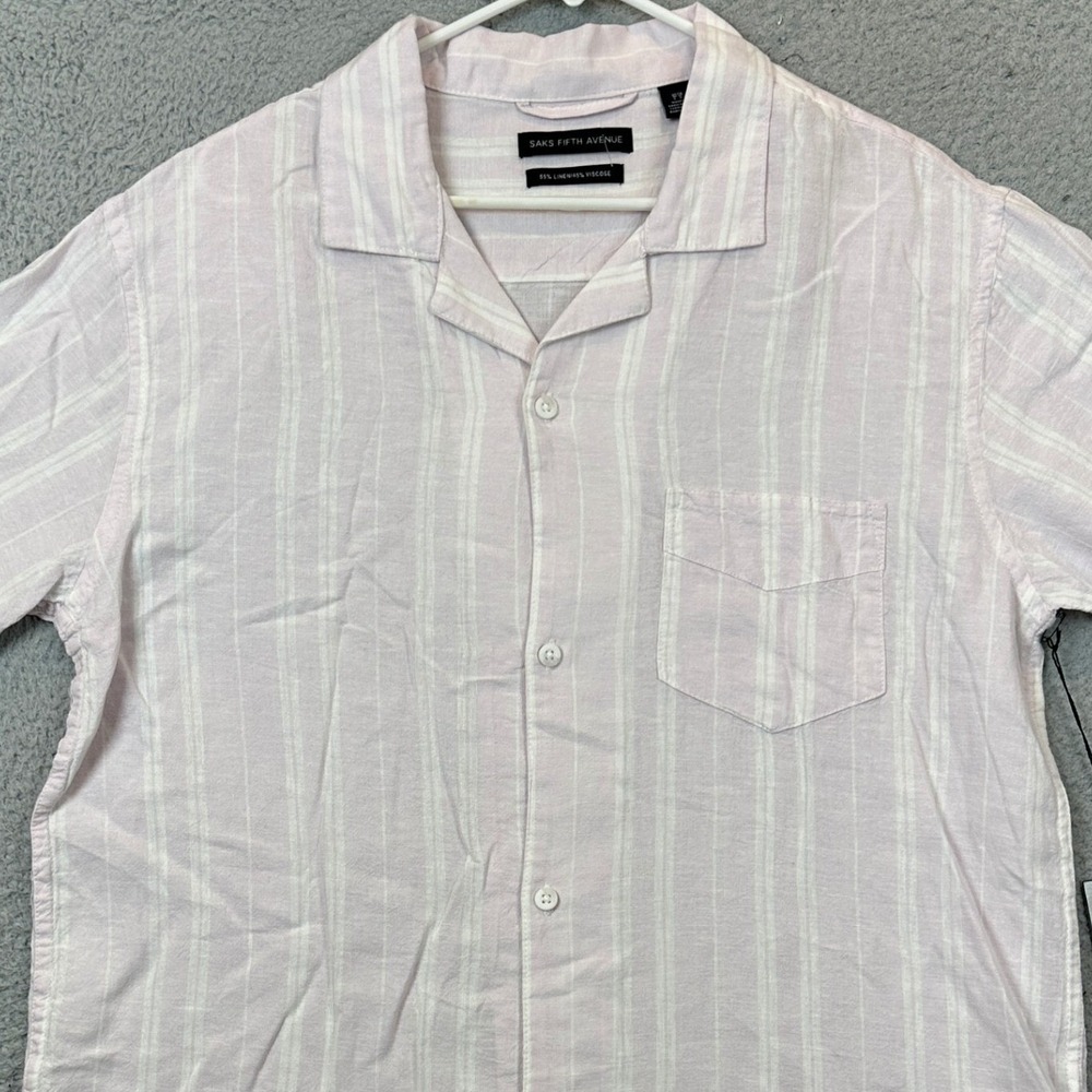 NEW Saks Fifth Avenue Shirt Men Large Linen Blend Pink White Stripe Button Up